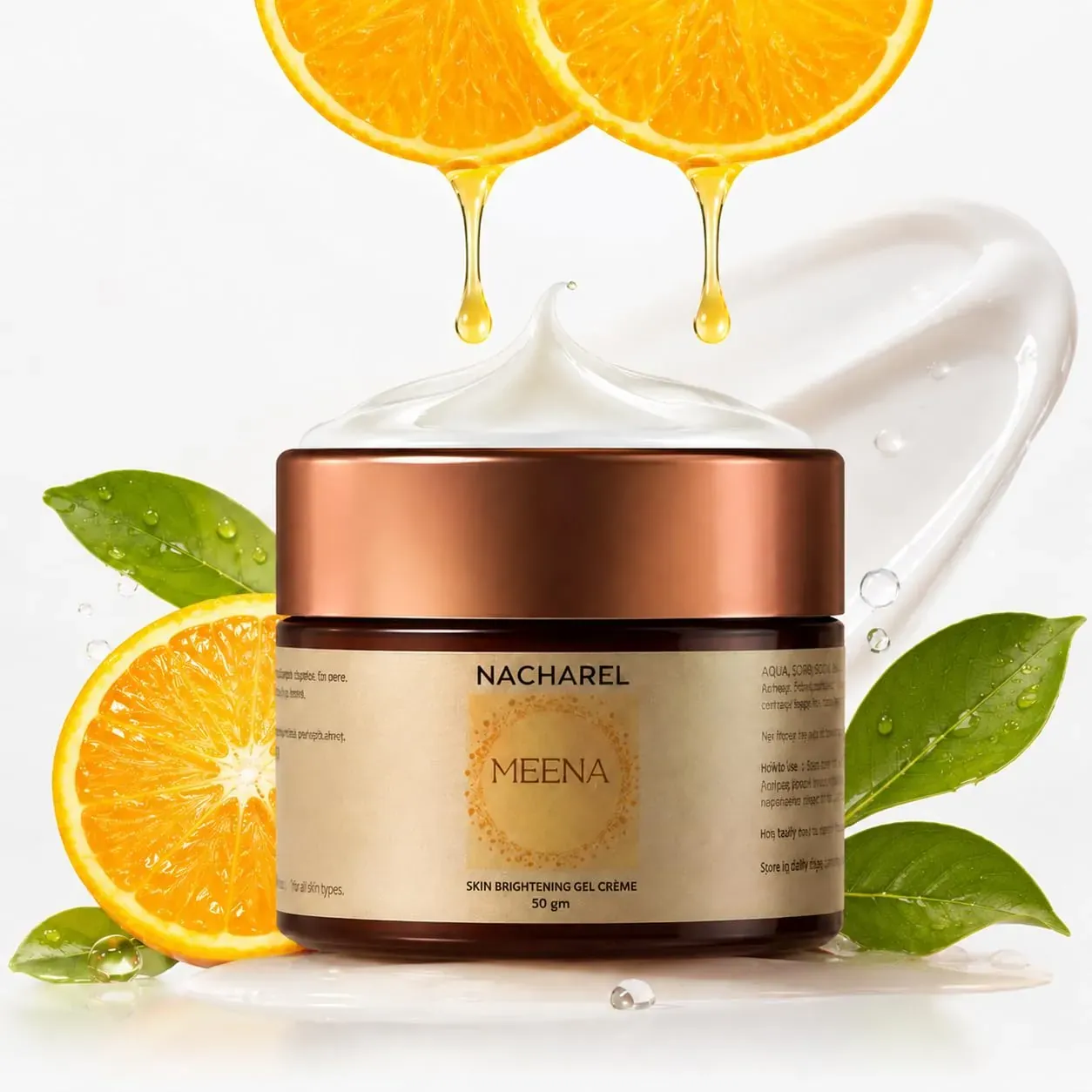 Meena Vitamin C Cream jar with orange slices and cream