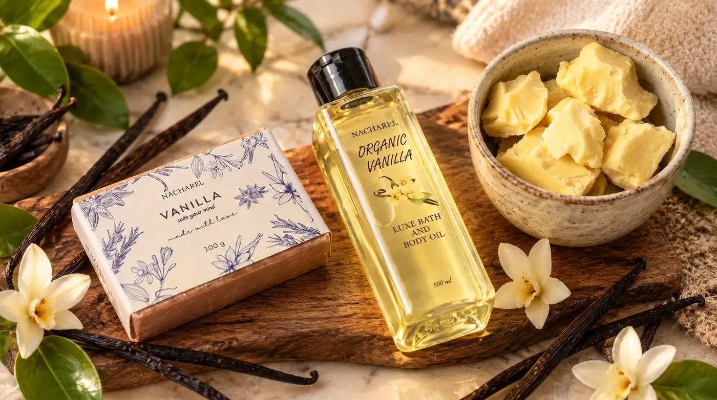 Nacharel vanilla soap and organic vanilla body oil on a wooden board