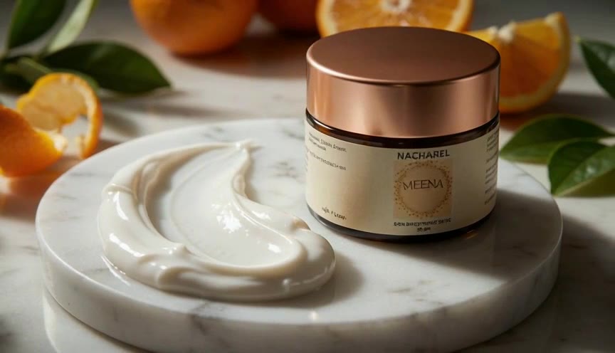 Meena Vitamin C Cream jar with fresh oranges on a marble stand