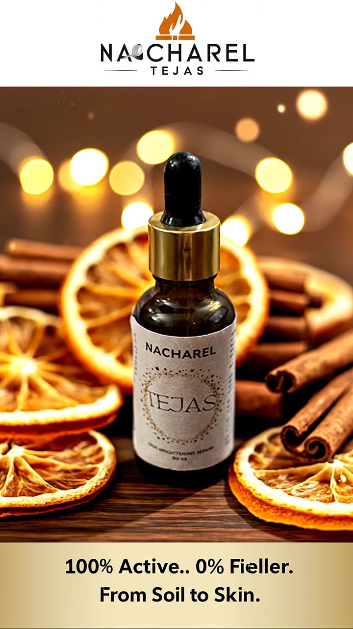 Tejas Face Brightening Serum dropper bottle with dried orange slices and cinnamon