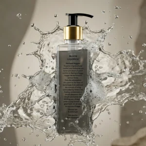 Black Liquorice Body Wash bottle on a clean surface - Natural detoxifying body cleanser by Nacharel.