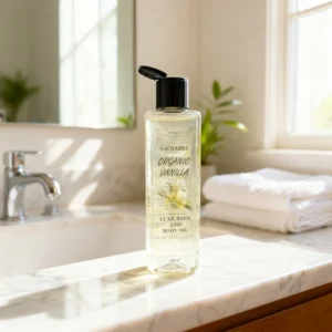 Nacharel Vanilla Body Oil瓶 or bottle on a clean surface — 100% natural and hydrating clean beauty body oil. (Keep this concise and descriptive for accessibility and Google Image search indexation).