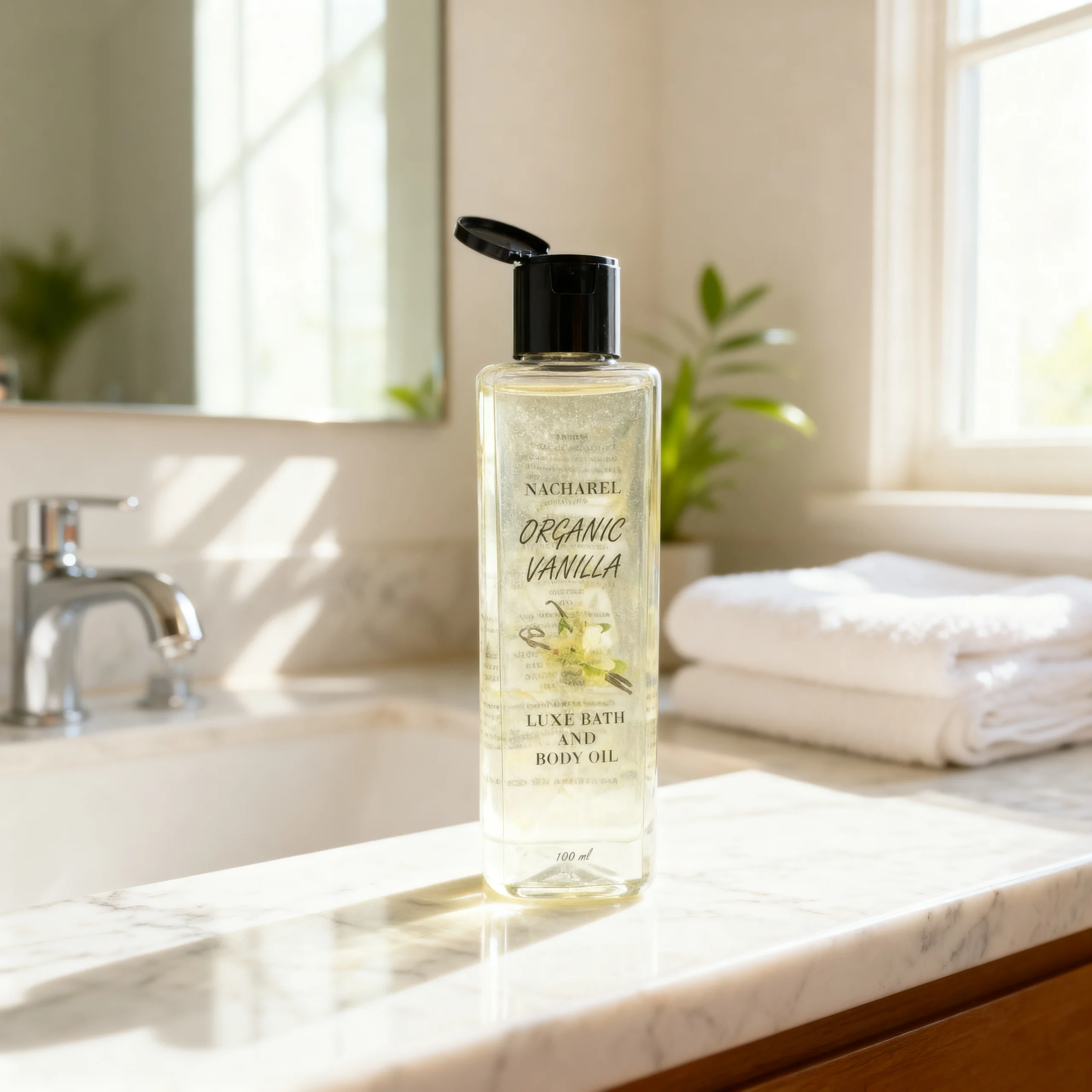 Nacharel Vanilla Body Oil瓶 or bottle on a clean surface — 100% natural and hydrating clean beauty body oil. (Keep this concise and descriptive for accessibility and Google Image search indexation).