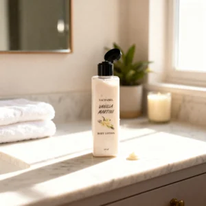 Nacharel handcrafted vanilla body lotion bottle with natural ingredients for deep skin hydration and glowing skin.