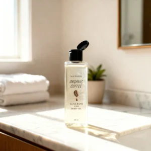 Nacharel Coffee Body Oil bottle on a marble surface with Arabica coffee beans - Natural Anti-Cellulite and Deep Hydration Treatment in Delhi