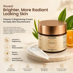 Meena Vitamin C Face Cream jar on a marble surface with natural orange slices for skin brightening.