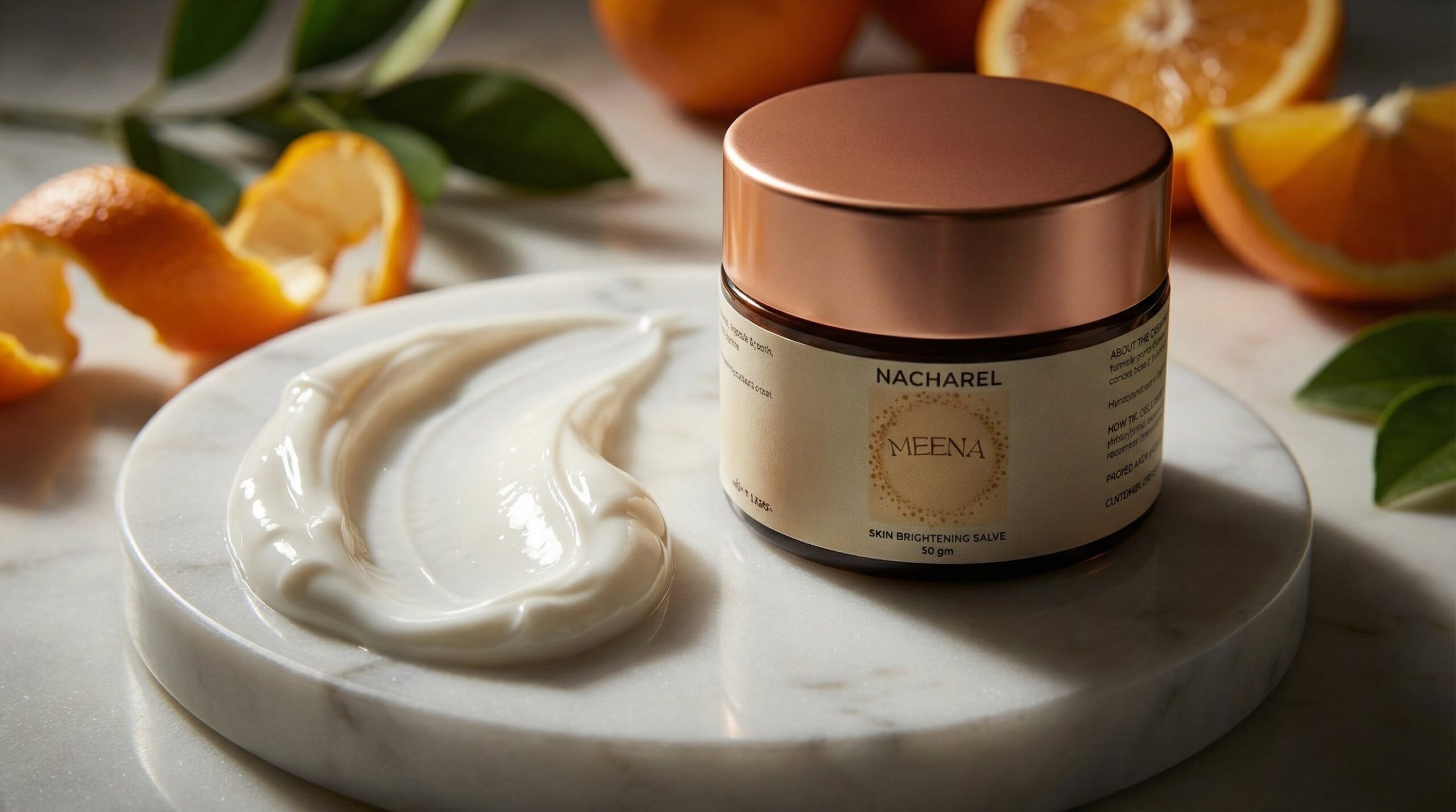 Meena Vitamin C Face Cream jar on a marble surface with orange slices - Natural Brightening & Anti-Aging.